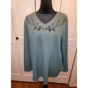 Vintage 90s/Y2K Dusty Teal Layered Look Tshirt Embroidered Bobbie Brooks L Retro